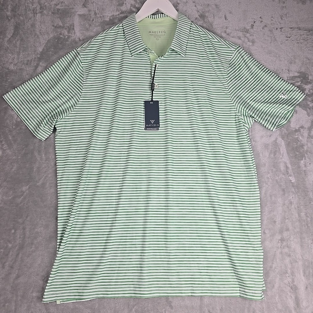 Maelreg Mens Performance‎ Polo XL Green Striped Golf Sporty